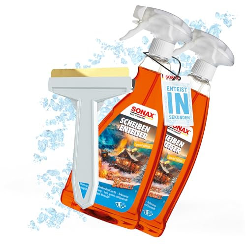 Auto Scheibenenteiser Set | 2X Sonax Scheiben Enteiser Spray Sweet Home 1 Liter für Autoscheiben + 1x Murska Eiskratzer mit Messingklinge | Enteiserspray für klare Sicht