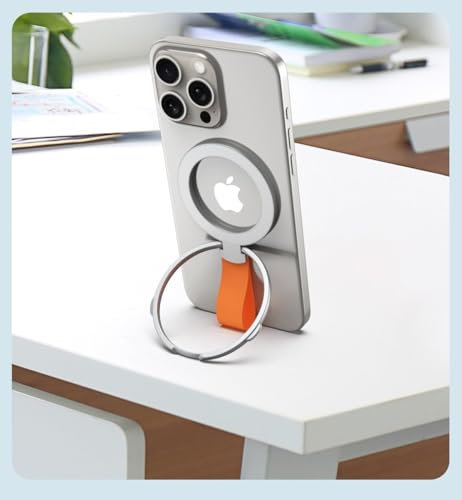 NooMii Magnetischer Handy-Ringhalter – 360° Drehbarer Ringhalter mit N12-Magneten, Ständer & Griff für iPhone, Samsung Serie, Hüllen & Nicht-Magnetische Handys (Titan Silver/Orange)