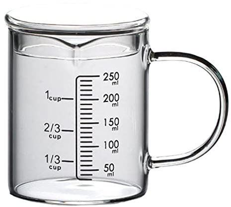 Jarra medidora de vidrio, taza de vidrio graduado de borosilicato transparente, con tapa y asa, con boquilla en forma de V (250 ml)