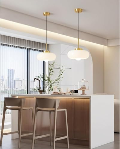 VTAMng Moderner Kronleuchter Hängelampe aus Glas im französischen Landhausstil E27 Kronleuchter mit gewölbtem Glasschirm Retro Pendelleuchte im Bauernhausstil für Schlafzimmer und Kücheninsel(White,1P