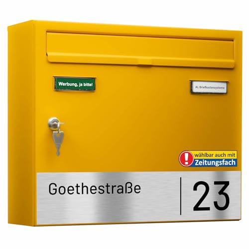 AL Briefkasten Systeme Basic-Line 1er Briefkasten personalisiert mit Namen Schild Straße und Hausnummer - Postkasten Gelb modern mit Gravur wetterfest Wandbriefkasten Zaunbriefkasten