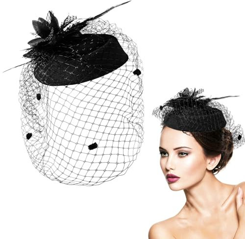 Dimeho Fascinator für Damen, Schleier, Federn, Fascinator, Haarspange, 20er-/50er-Jahre-Hüte mit Schleier, Vintage-Hut, elegante Cocktail-Teeparty-Hüte, Schwarz , Einheitsgröße