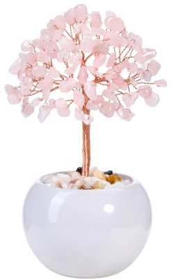 JSDDE Bonsai Arbre de Vie en Pierres Naturelles Porte-Bonheur Arbre de Cristal Feng Shui Pierres et Cristaux Vase en Céramique Guérison Reiki Lithotherapie Décoration Intérieurs 13-14cm (Quartz Rose)