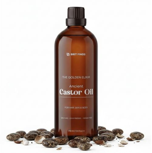 Brit Finds 100% Organic Cold-Pressed Castor Oil – 200 ml Hexane-Free Amber Glass Bottle – Premium Moisturizer for Hair, Skin, Beard, Eyelashes & Eyebrows – Natural Nourishing Oil