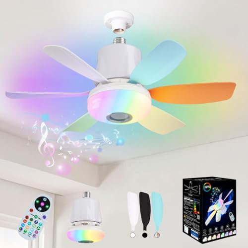 VIMAZ Ceiling Fans with Lights and Remote,32W RGB LED Ceiling Fan Light Bulb Bayonet Fitting with Bluetooth Music Player,18.5 E27 Light Bulb Fan Dimmable with 3 Speeds,3 Colors 3000K-6500K,Timer
