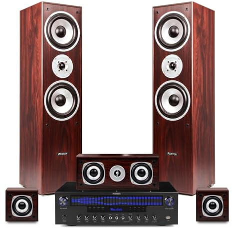 Fenton 5.0 Surround Sound Home Cinema System, Walnut – Complete HiFi Audio Solution with Amplifier, Bluetooth, Optical, AUX, RCA, Karaoke Inputs & Speaker Cable Kit – Easy TV Connection