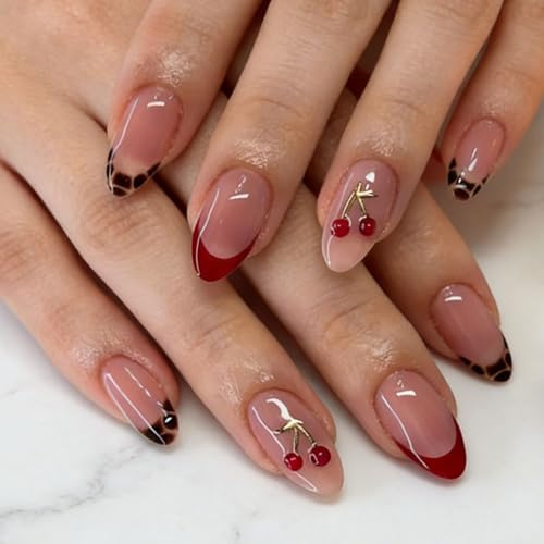 Floruvia 24 Stück Mittlere Mandel Press On Nägel 3D Kirschen Design mit Gold Ast, Rote French Tips & Leopard Muster, Acryl Fake Nails Set Mit Kleber & Werkzeugen, Glänzende Wiederverwendbare Nägel