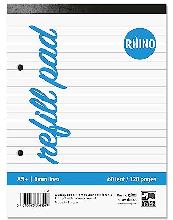 RHINO A5 Refill Pad, Writing Pad, 120 Page / 8mm Lined, 1 Pack, White Hole Punched Writing Paper, Office & School Stationery Supplies