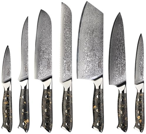 Tsume Profi Set Carbon Gold, Messerset mit 7 Premium Küchenmessern, Echte Damast Küchenmesser mit Karbonfasern und Blattgold, 67 Schichten VG10 Edelstahlkern mit Kunstharz Handgriffen