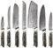Tsume Profi Set Carbon Gold, Messerset mit 7 Premium Küchenmessern, Echte Damast Küchenmesser mit Karbonfasern und Blattgold, 67 Schichten VG10 Edelstahlkern mit Kunstharz Handgriffen