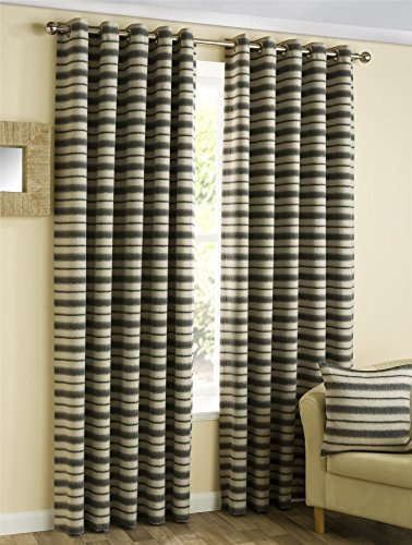 HOMESCAPES Striped Charcoal, Cream, Grey Eyelet Ring Top Lined Curtain Pair - 46 x 72 Inch