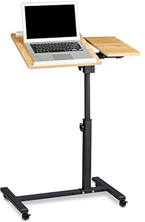 Relaxdays Laptoptisch höhenverstellbar HBT 95 x 60 x 40 cm Notebook Ständer auch für Linkshänder Sofatisch Beistelltisch mit bremsbaren Rollen mit Ablage für Maus mit 2 Stopp-Leisten, Eiche, gelb