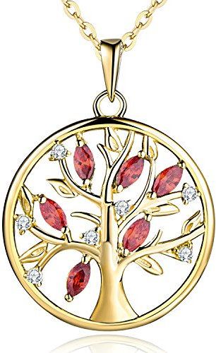 JO WISDOM Halskette Baum Des Lebens,Kette anhaenger silber 925 lebensbaum Familie Anhänger Halskette mit 3A Zirconia Januar Geburtsstein Granat Farbe mit Gelbgold überzogen,Schmuck für Frauen Damen