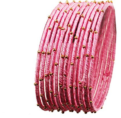 Touchstone Collection de bracelets de fil de soie fabriqués à la main de perles de style exotique avec un fil de soie artificiel pour femme 2.5 Ensemble de 12 Fard à joues rose