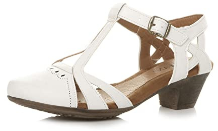 AJVANI Womens ladies mid block heel cut out T-bar smart work casual summer ankle strap comfort brogue shoes sandals size.