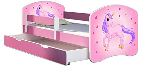 Kinderbett Jugendbett mit einer Schublade und Matratze Rausfallschutz Rosa 70 x 140 80 x 160 80 x 180 ACMA II (17 Pony, 80 x 160 cm mit Bettkasten)