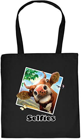 Stoff-Tasche - lustiges Kuh Motiv - Bunte Kuh Foto - Kuh-Selfie : Selfie Kuh - Einkaufstasche/Baumwolltasche - Farbe: Schwarz