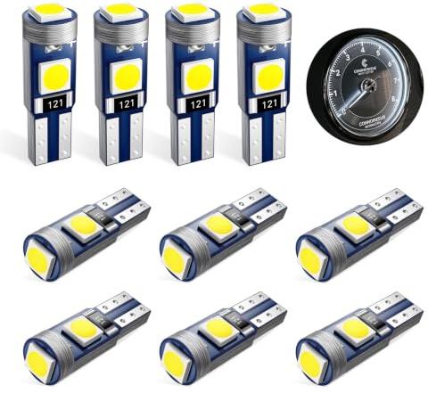 Defvnsy 10-Pack T5 W3W LED Bulb, 12V 6000K White Interior Dashboard Lights | 3SMD 3030 Replacement Bulbs for Car Dash Gauge Cluster Indicator Light Speedometer Odometer Map Dome Door License Plate Lamp