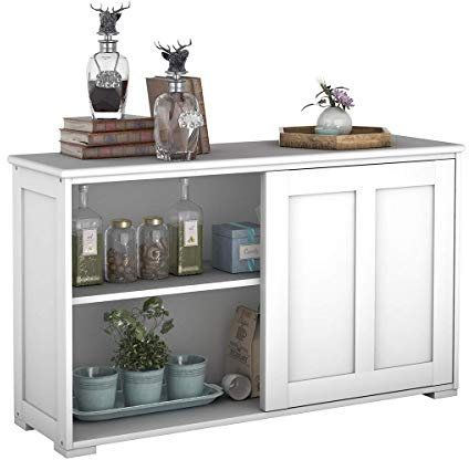 COSTWAY Buffet Cuisine Rangement avec Porte Coulissante, Buffet Bas Salon avec 2 Etagères, Armoire Cuisine pour Salon, Salle à Manger, 106,5 x 33 x 60 cm (Blanc)