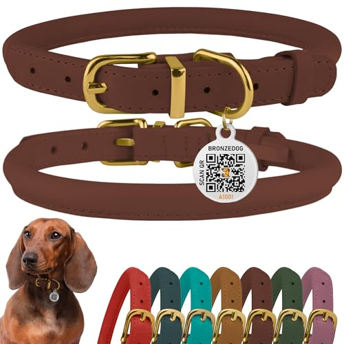 BRONZEDOG Hundehalsband aus gerolltem Leder mit QR-ID-Tag, verstellbar, weiche runde Halsbänder für kleine, mittelgroße und große Hunde, Welpen, Katzen (Cognacbraun, 18-25 cm)
