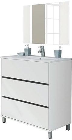 Muebles Pitarch | Conjunto Mueble de Baño con Espejo incluido, 3 Cajones, 80cm ancho, con Patas, Roble Cambrian, para Lavabo encastrado, estilo Moderno modelo Kalma