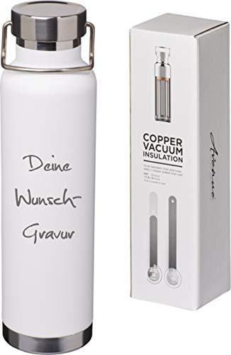 Schmalz® Thermosflasche inkl. Gravur 650 ml vakuumisolierte Isolierflasche Sportflasche aus Kupfer Edelstahl mit Kupferisolierung auslaufsicher (weiss, mit Gravur)