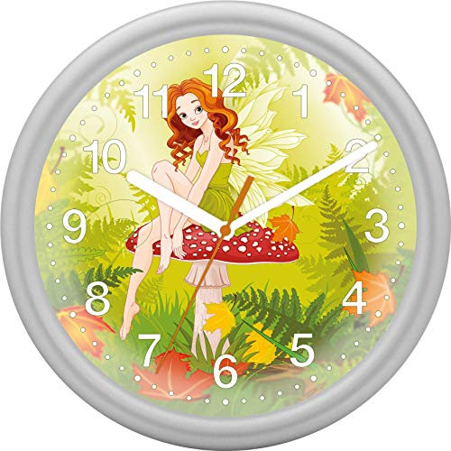 Eurotime Wanduhr für Mädchen mit Pilz Fee, Silber, Quarzwanduhr, 25 cm, Kunststoffgehäuse und Kunststoffglas, 12-Zahlen Zifferblatt, geräuscharme Uhr, kein Ticken, 82028-07