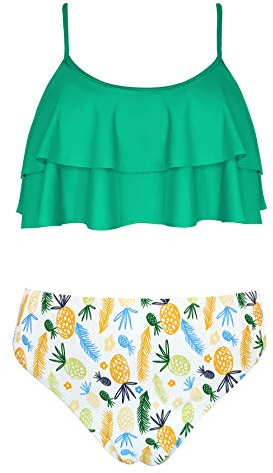 SHEKINI Maillots de Bain Deux Pièces Filles Imprimé Volants Réglable Halter Bikini Top Tankini Set Filles 2 Pièces Triangle Bas de Bikini de Plage pour 6-14 Ans(10-12 Years, Vert/Fille)