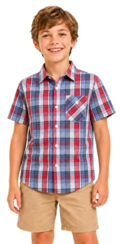 Bienzoe Boys Plaid Cotton Shirt: Button Down Tops | Casual Short Sleeve, Classic Gingham Pattern, Chest Pocket, Breathable for Summer Outdoor Play Picnic Camp