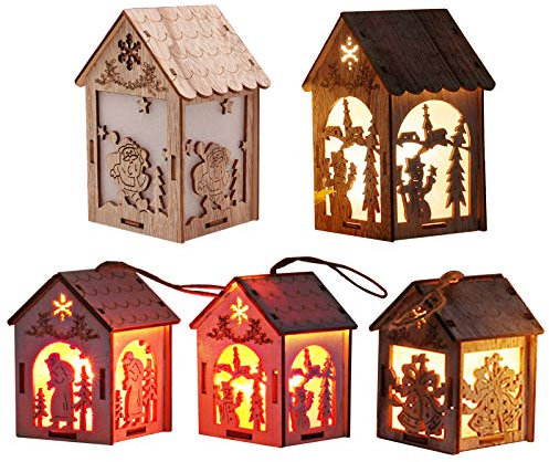 5 StüCke Holzmotiv HäUser, Winterdorf Beleuchtet, Weihnachtsdorf Mit Beleuchtung, Batteriebetrieben, Weihnachtsdeko, Nachtlicht FüR Kinder, Geeignet FüR Heimtextilien,Festival, Party, Neujahr