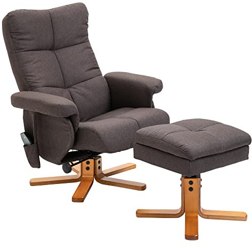 HOMCOM Massagesessel mit Hocker, 360° drehbarer Elektrischer Relaxsessel mit Liegefunktion und Stauraum, TV-Sessel Fernsehsessel mit Seitentasche Fernbedienung für Wohnzimmer, Polyester, Braun
