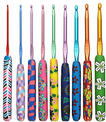 Aluminium-Häkelnadel-Set, florales Häkel-Set, Häkelnadeln für Anfänger, Metall-Häkel-Set, solide Haken, Handstricken ergonomisch weicher Gummi Komfortgriff Häkel-Starter-Kit für Erwachsene (9 Stück)