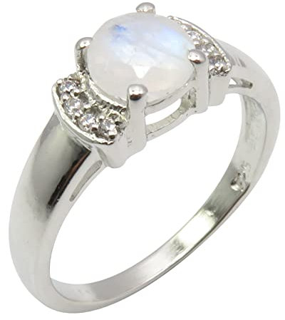 SilverStarJewel 925 Sterling Silber Blaues Feuer Runder Regenbogen Mondstein Größe 49 bis 60 Ring 6 mm Face Juweliere