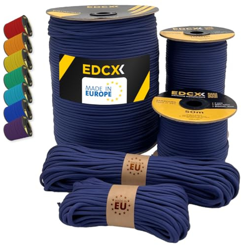 EdcX Paracord 550 4mm, 35+ Solid Colors (10m, 15m, 30m, 50m, 100m, 300m) | Navy Blue, 300 m – 100% Nylon Rope 4mm, Type III 7 strand | Survival, Camping, Bushcraft, Crafts | Made in EU
