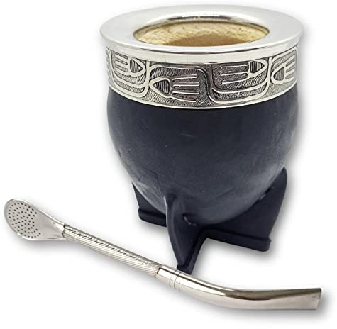 DUEVOLO - Negro - Calabaza Yerba Mate (Copa Mate) - Mate Uruguayo - Envuelto en cuero - Incluye Bombilla. (Mate Imperial) - Juego de taza mate y bombilla. (Guarda Rupestre)