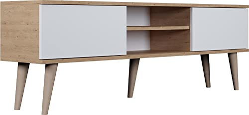 WFL GROUP TV-Schrank - Skandinavisch Fernsehtisch bis 70 Zoll - TV-Lowboard für Wohnzimmer 120 oder 160 cm - mit Holz Füße und 2 Türen - 160 cm - Eiche Artisan/Weiß