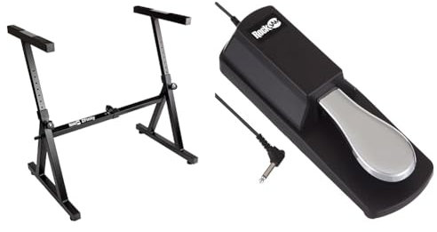 RockJam Z-Frame Heavy Duty Keyboard Stand & Sustain Pedal for Digital Pianos & Keyboards - 8 Adjustable Heights, Rubber Feet, Polished Chrome Pedal with 18m Cable