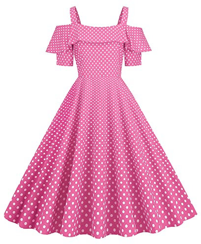 Wellwits Femme Demoiselle d'honneur à Volants Pois Années 50 Vintage Robe Rose S