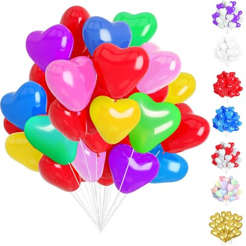 50 Stück Herzluftballons Bunt, 12 Zoll Herzluftballons, Helium Herzluftballons, Latex Ballons mit Herzform für Geburtstags Valentinstag Hochzeitsdeko Brautdusche Verlobung Party