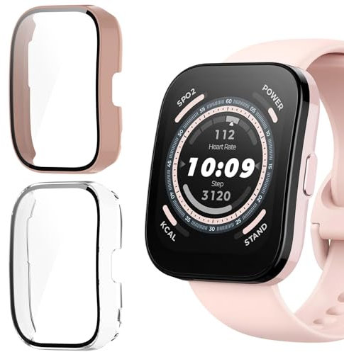 KUSINHOKA Cover per Amazfit Bip 5, [2 Pezzi] Custodia Protezione in Vetro Temperato Integrata, Schermo Protettiva Ultra Sottile HD Clear PC Rigida Cover per Amazfit Bip 5, Rosa + Trasparente