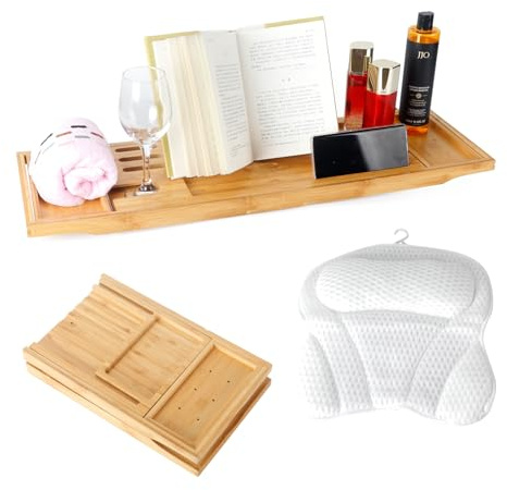 Bathtub Tray Table and Bath Pillow, Expandable and Foldable Bath Caddy Tray for Tub, Luxury Bathtub Accessories