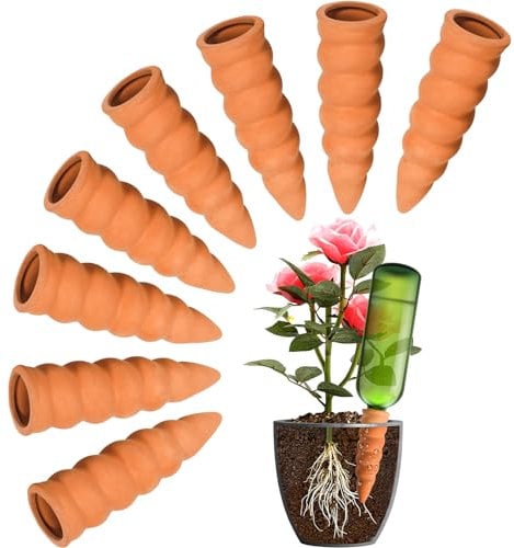 POWZOO Lot de 8 Cône en Argile d’arrosage, Arrosage en Terre Cuite,Système d'Irrigation Naturel, arrosage Automatique pour Jardin Plantes d'intérieur.jardinières et Plantes en Pot, Terre Cuite,Marro.