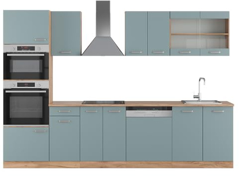 Vicco Küchenzeile R-Line, Blau-Grau/Goldkraft Eiche, 300 cm | 8 Module · Höhenverstellbare Füße · Ohne Arbeitsplatte · Robuste Fronten · Mit Backofen-/Mikrowellenschrank