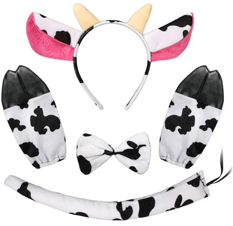 Hifot Kuh Kostüm 5 Stück, Kuh Hörner Ohren Haarreif Fliege Handschuhe Schwanz Set, Kuh Tierkostüm Zubehör, Tier Kostüm Kinder Erwachsene für Halloween Karneval Cosplay Party Geburtstage Weltbuchtag