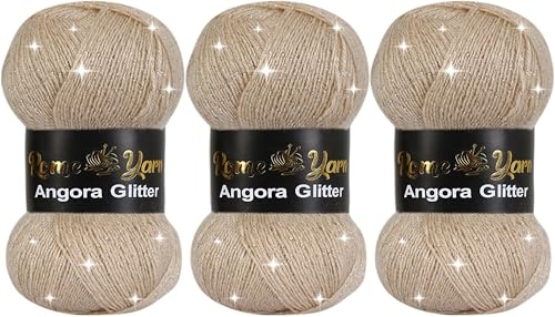 Rome Yarn Angora Glitter | 3 x 100g | Glitzerwolle | Wolle mit Glitzer | Metallic Simli Garn zum Stricken und Häkeln & Kleidung Effektwolle Strickwolle (855 Helles Beige)