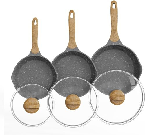 JEETEE Poêle À Frire 20/24/28 cm Avec Lid, Revêtement De Granit, Batterie De Cuisine 6 Pièces, Poignée Résistante À La Chaleur, Facile À Nettoyer Et Compatible Toutes Les Cuisines,Sans Pfoa, Gris