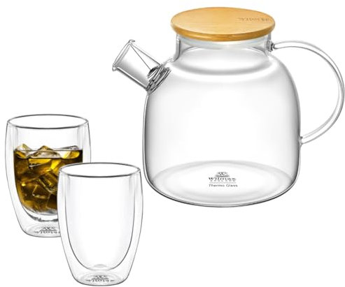 Wilmax – Tetera de cristal con tapa de bambú de 1200 ml + 2 vasos de té de 400 ml – Tetera para té suelto – Jarra de cristal resistente al calor – Tetera de cristal – Tetera de cristal