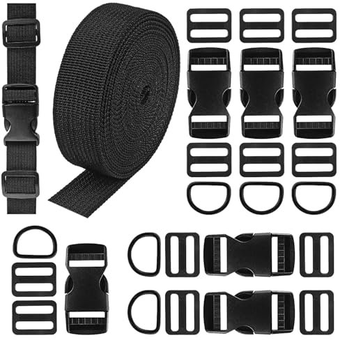 5 M Nylon Gurtband mit Schnallen 6 Paare, 2,5 cm Breit Strapazierfähiges Gurtband, 8 Metall D Ringen, 12 Tri Glide Schieber, Einstellbare Gurtband mit Schnalle für Handwerk Rucksack Tasche Koffergurt
