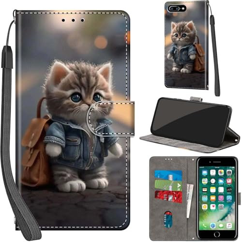 Haninsuze for iPhone 7 Plus / 8 Plus Case PU Leather Wallet Book Flip Folio Stand View Magnetic Multi-Pattern Cover compatible with iPhone 8 Plus Phone Case (Cat)