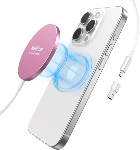 EXW Chargeur sans Fil pour iphone 15W,Rapide Chargeur Mag-Safe,magnétique Chargeur sans Fil,Chargeur Induction Compatible avec iPhone 16/15/14/13/12/AirPods 2/3/pro(Le Rose)